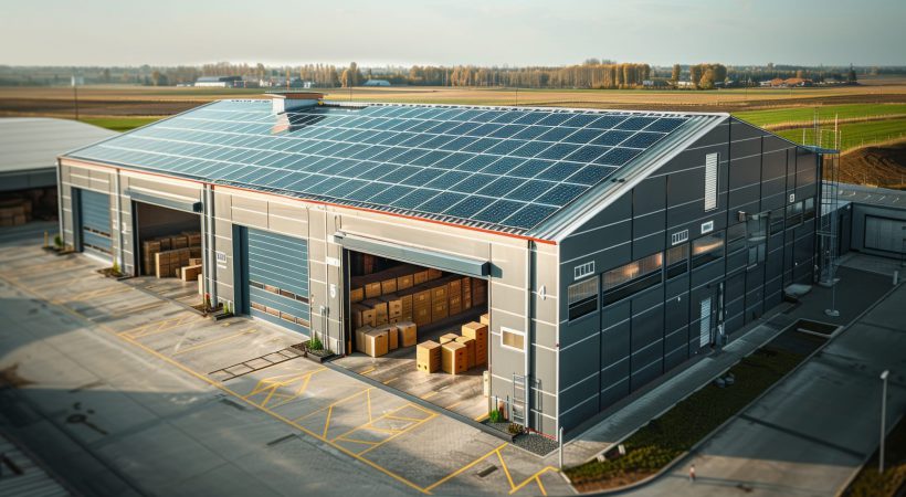 Aerial view of a modern warehouse with solar panels on the roof an aerial drone photo. Green energy concept in a rural area.